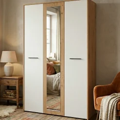 Guardaroba 3 Ante Bianco Rovere Nodi Marrone Appendiabiti 5 Ripiani 119x53 cm, 7 Vani - Lavagno