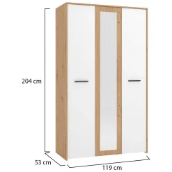 Guardaroba 3 Ante Bianco Rovere Nodi Marrone Appendiabiti 5 Ripiani 119x53 cm, 7 Vani - Lavagno