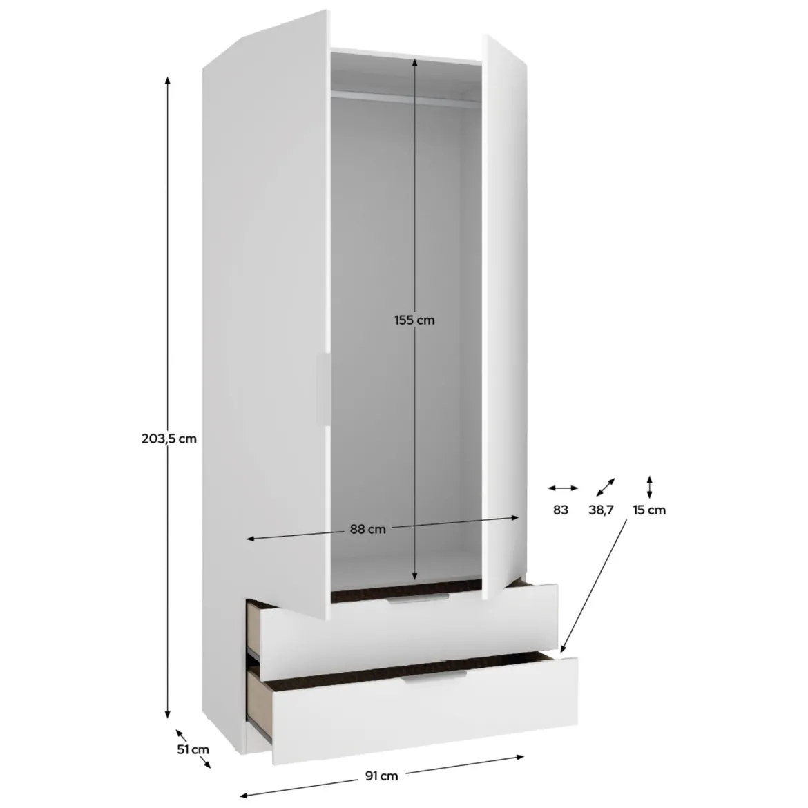 Guardaroba 2 Ante Bianco un Ripiano Appendiabiti 51x204h cm, 2 Cassetti - Montclare