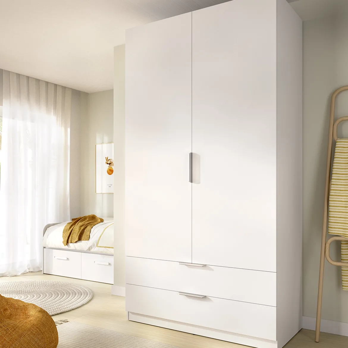 Guardaroba 2 Ante Bianco un Ripiano Appendiabiti 51x204h cm, 2 Cassetti - Montclare