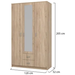 Guardaroba 3 Ante Marrone Quercia Bianco Appendiabiti 2 Cassetti 120x52 cm, 4 Ripiani - Crati