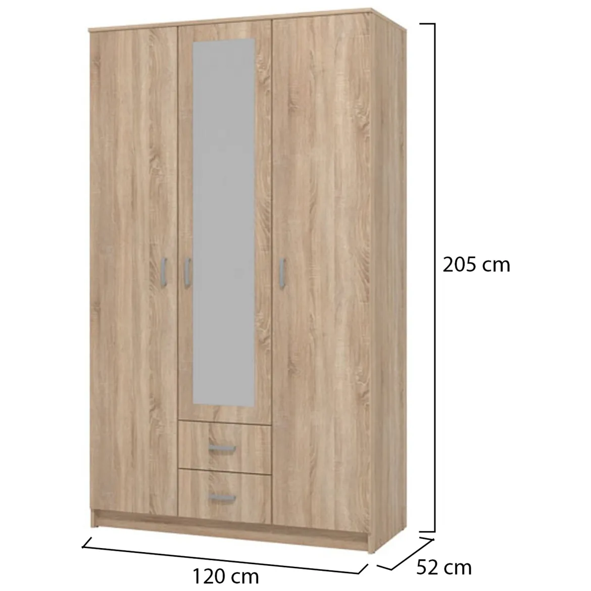 Guardaroba 3 Ante Marrone Quercia Bianco Appendiabiti 2 Cassetti 120x52 cm, 4 Ripiani - Crati