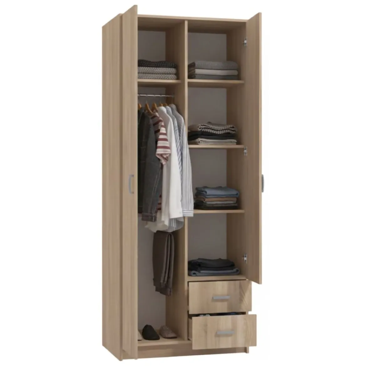Guardaroba 2 Ante Marrone Rovere Bianco Appendiabiti 2 Cassetti 80x205h cm, 4 Ripiani - Cimena
