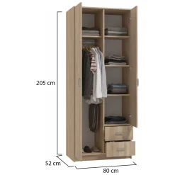 Guardaroba 2 Ante Marrone Rovere Bianco Appendiabiti 2 Cassetti 80x205h cm, 4 Ripiani - Cimena