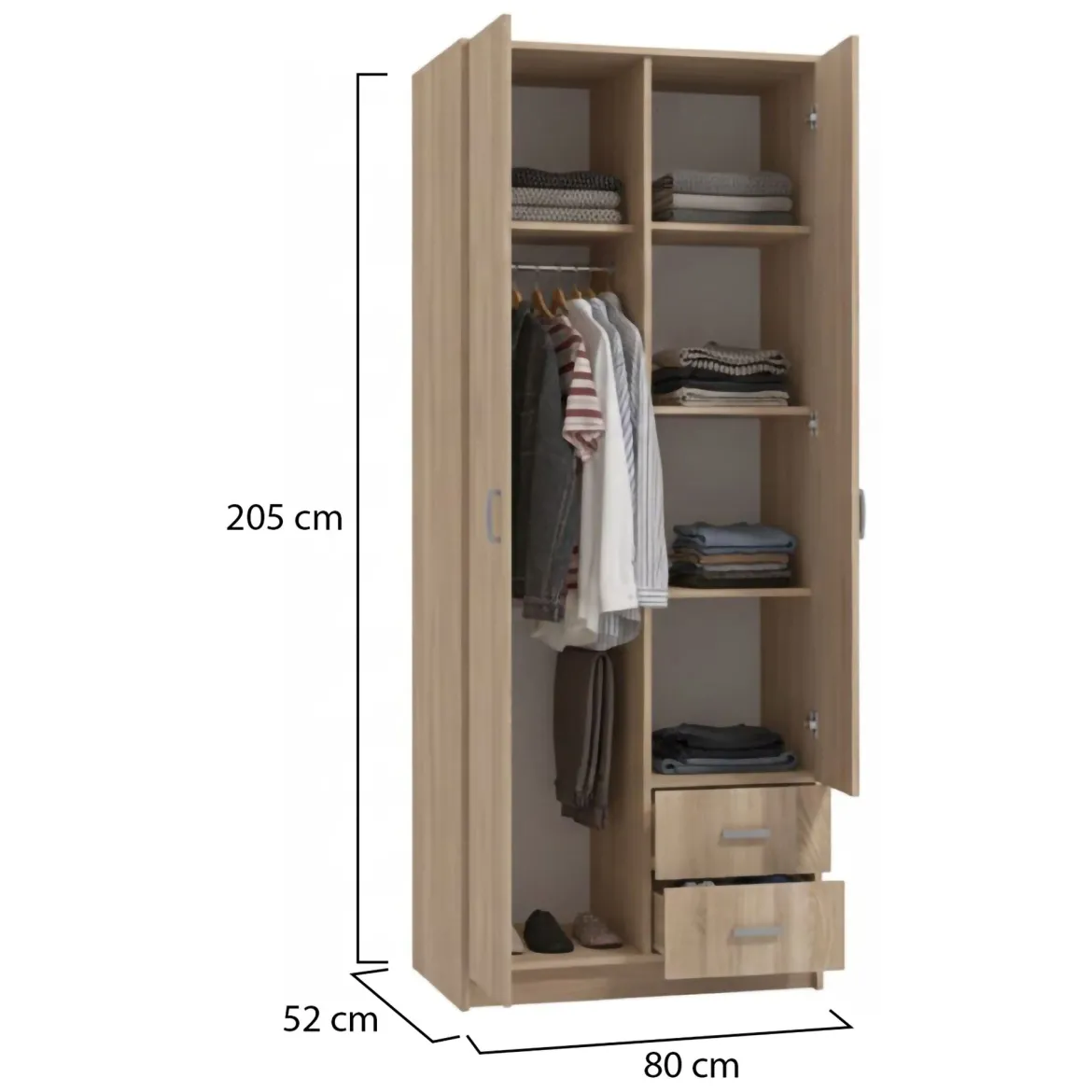 Guardaroba 2 Ante Marrone Rovere Bianco Appendiabiti 2 Cassetti 80x205h cm, 4 Ripiani - Cimena
