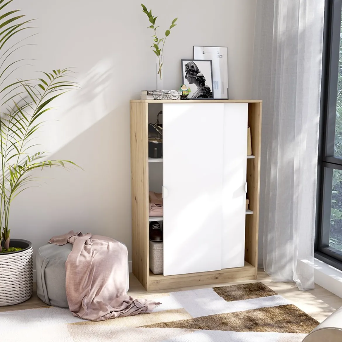Guardaroba 2 Ante Marrone Rovere Nodi Bianco 2 Ripiani Apertura Scorrevole 77x119h cm, 3 Vani - Stelvio