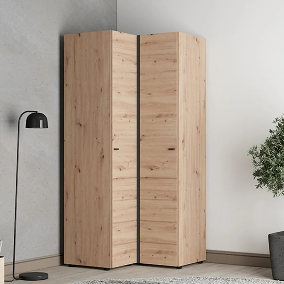 Guardaroba 2 Ante Marrone Rovere Nodi Bianco 4 Ripiani Apertura Battente 95x208h cm, Angolare - Tavole