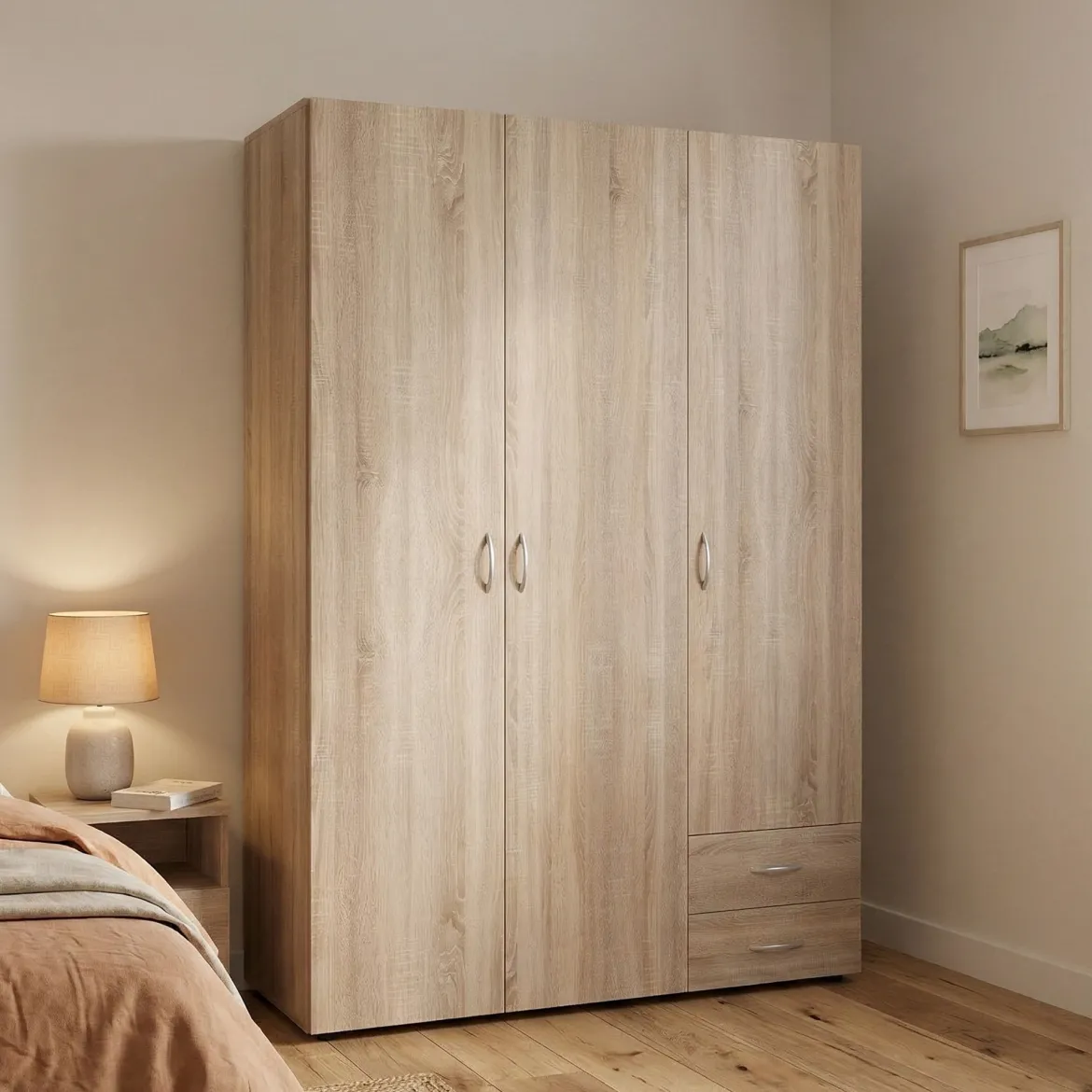 Guardaroba 3 Ante Marrone Rovere 2 Cassetti 3 Ripiani 120x51 cm, Appendiabiti - Toce