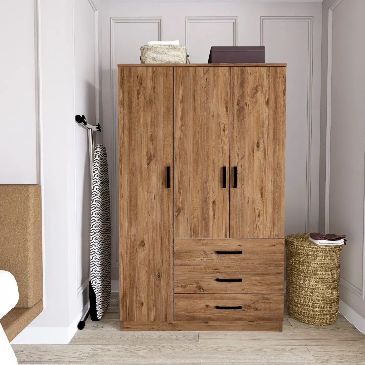 Guardaroba 3 Ante Marrone Rovere 3 Ripiani 3 Cassetti 90x47 cm, Appendiabiti - Valdengo