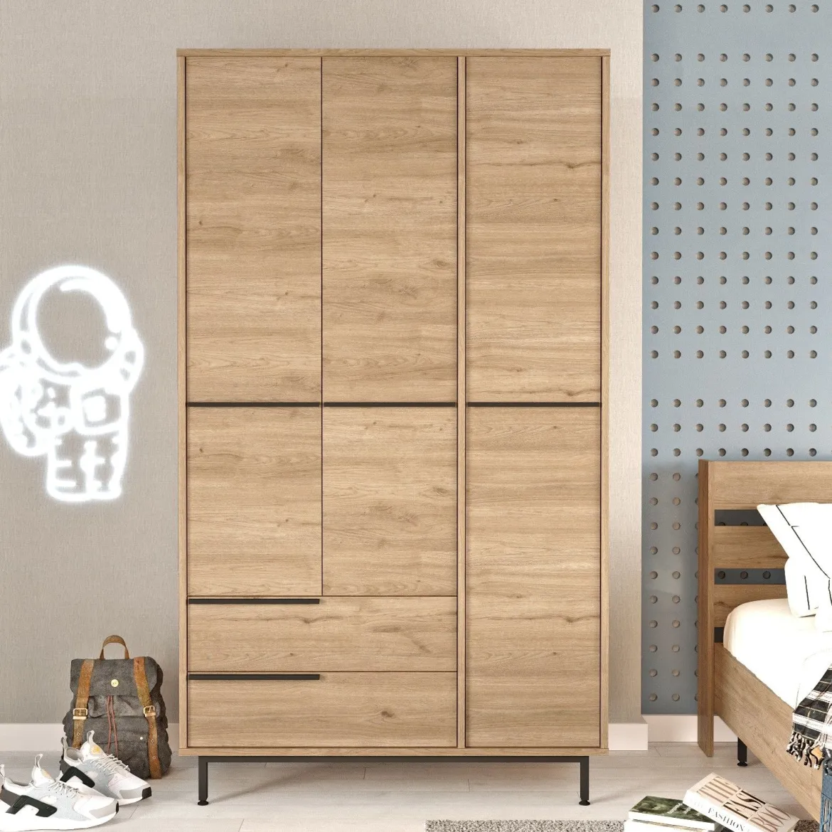 Guardaroba 3 Ante Marrone Rovere 5 Ripiani 2 Cassetti 112x55 cm, Appendiabiti - Oricola