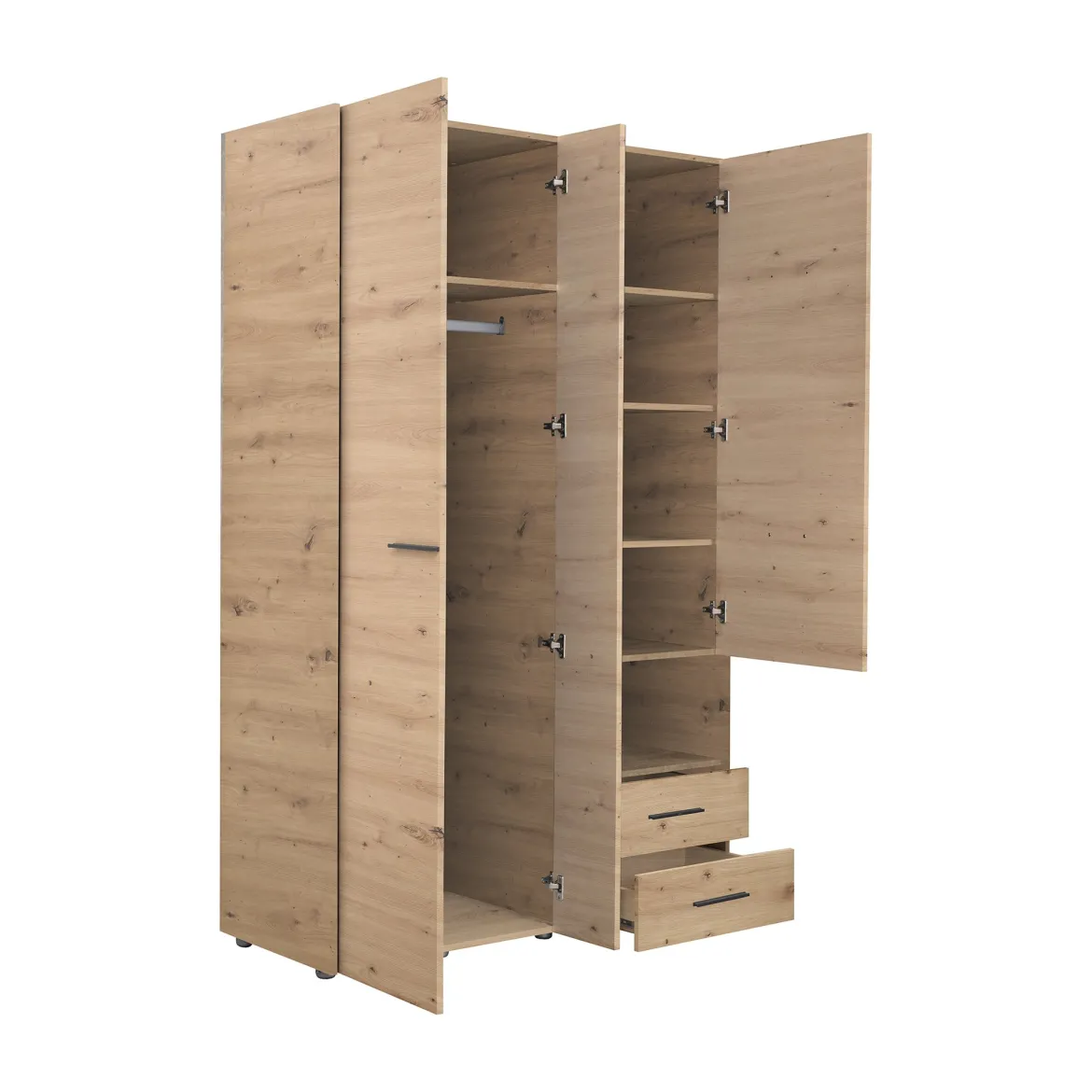 Guardaroba 3 Ante Marrone Rovere Nodi Nero Appendiabiti 2 Cassetti 127.5x54 cm, 5 Ripiani - Molare