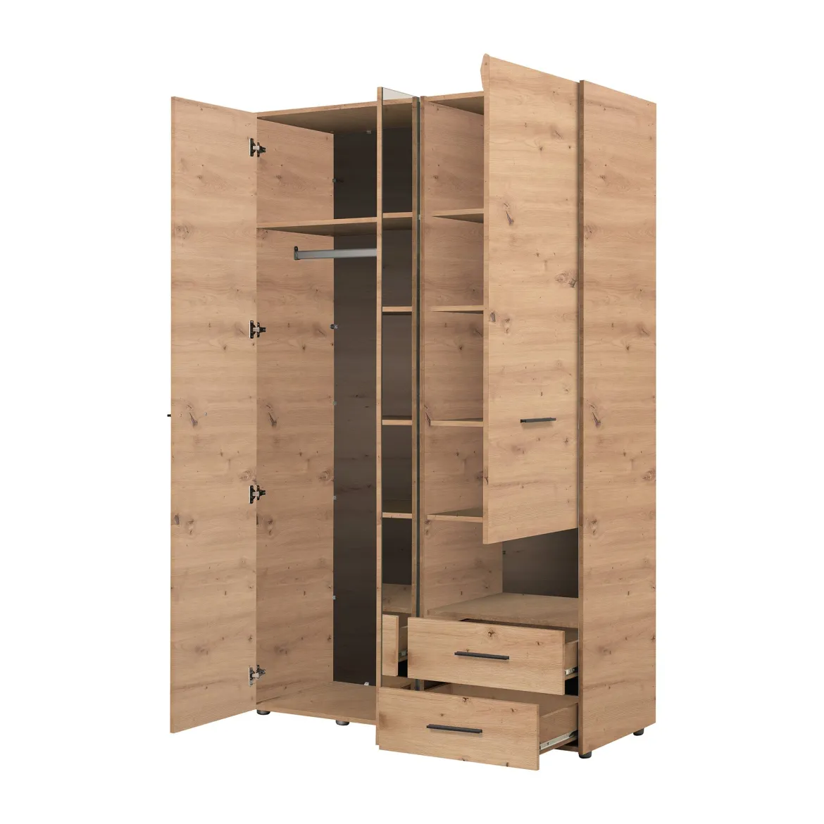 Guardaroba 3 Ante Marrone Rovere Nodi Nero Appendiabiti 2 Cassetti 127.5x54 cm, 5 Ripiani - Molare
