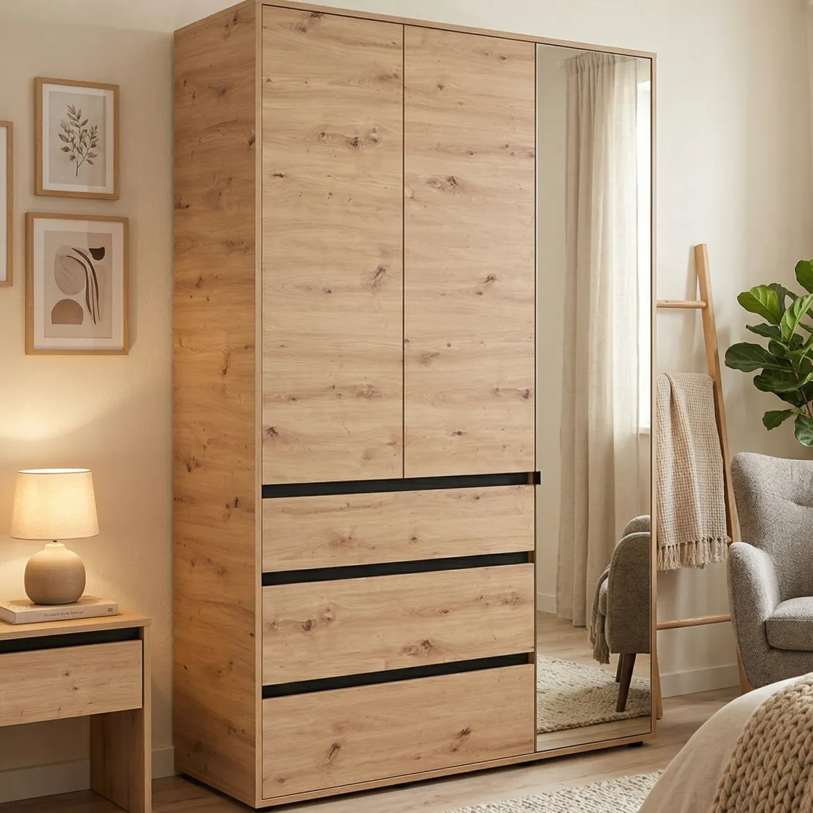 Guardaroba 3 Ante Marrone Rovere Nodi Nero Appendiabiti 3 Cassetti 138x55 cm, 4 Ripiani - Ilbonoo