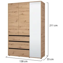 Guardaroba 3 Ante Marrone Rovere Nodi Nero Appendiabiti 3 Cassetti 138x55 cm, 4 Ripiani - Ilbonoo