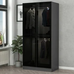 Guardaroba 2 Ante Nero Antracite Marrone Rovere 2 Ripiani 2 Ante 77x119h cm, Apertura Scorrevole - Stelvio