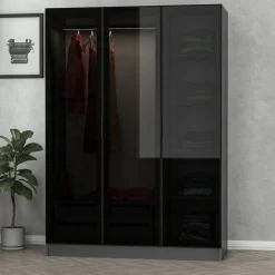 Guardaroba 3 Ante Nero Antracite Appendiabiti 5 Ripiani 135x52 cm, 3 Ante - Gerrei