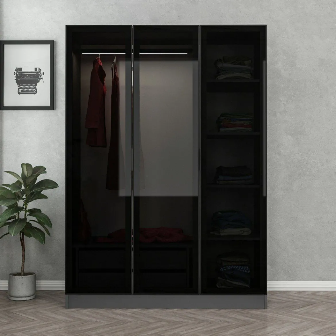 Guardaroba 3 Ante Nero Antracite Appendiabiti 5 Ripiani 135x52 cm, 3 Ante - Gerrei