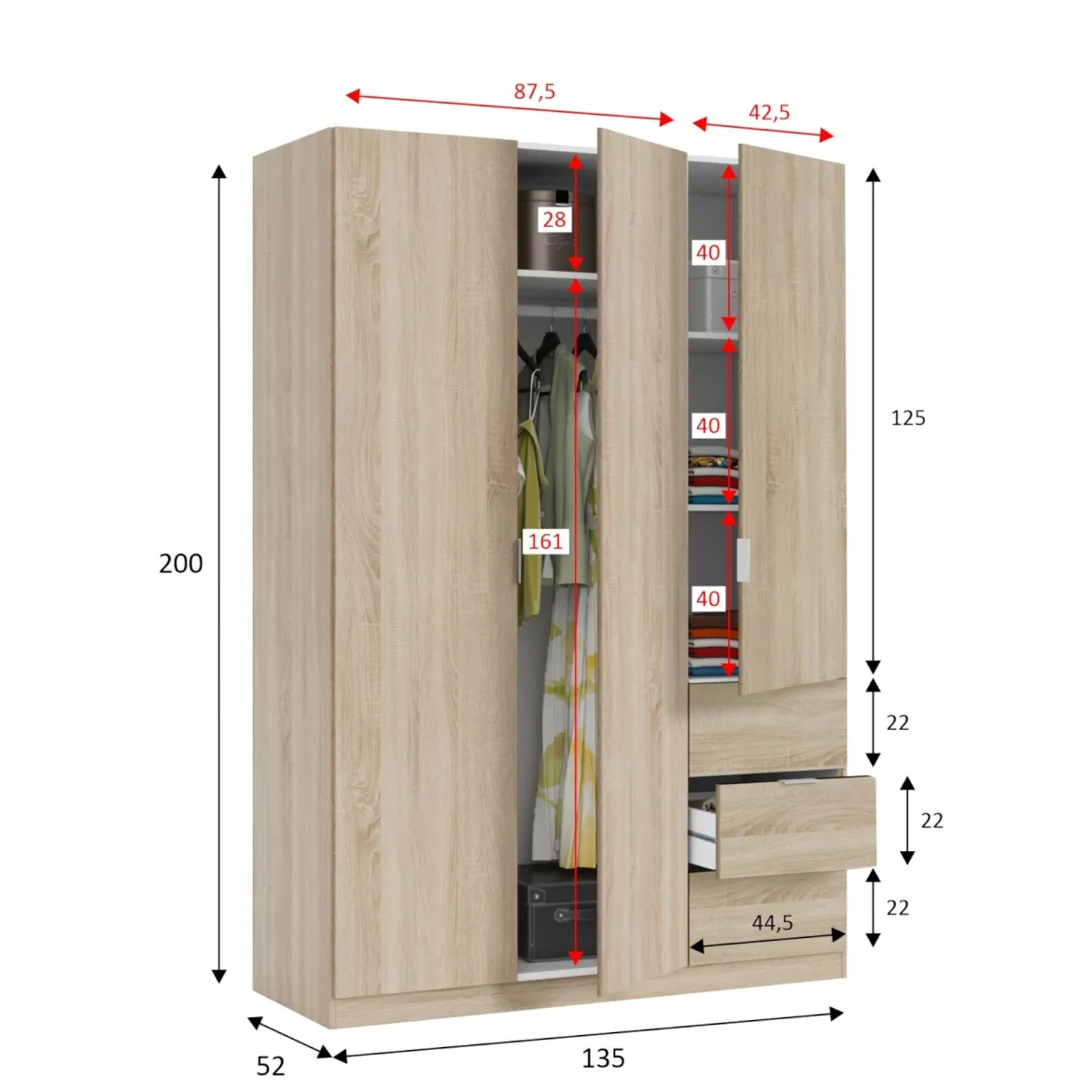Guardaroba 3 ante rovere 135x200h cm - Ade