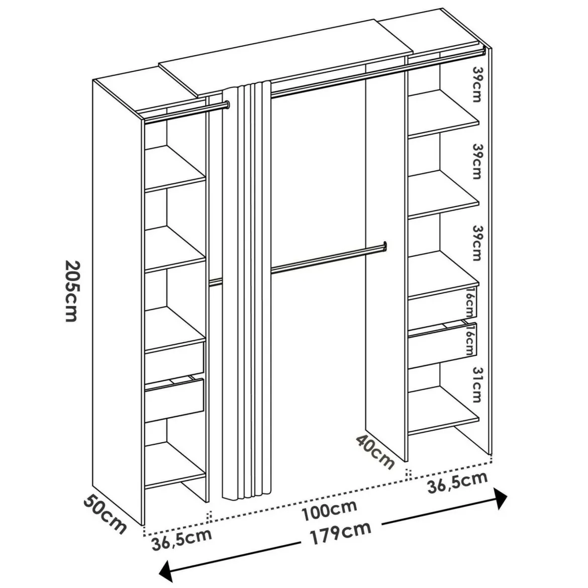 Guardaroba con appendiabiti rovere e antracite 180x205h cm - Era
