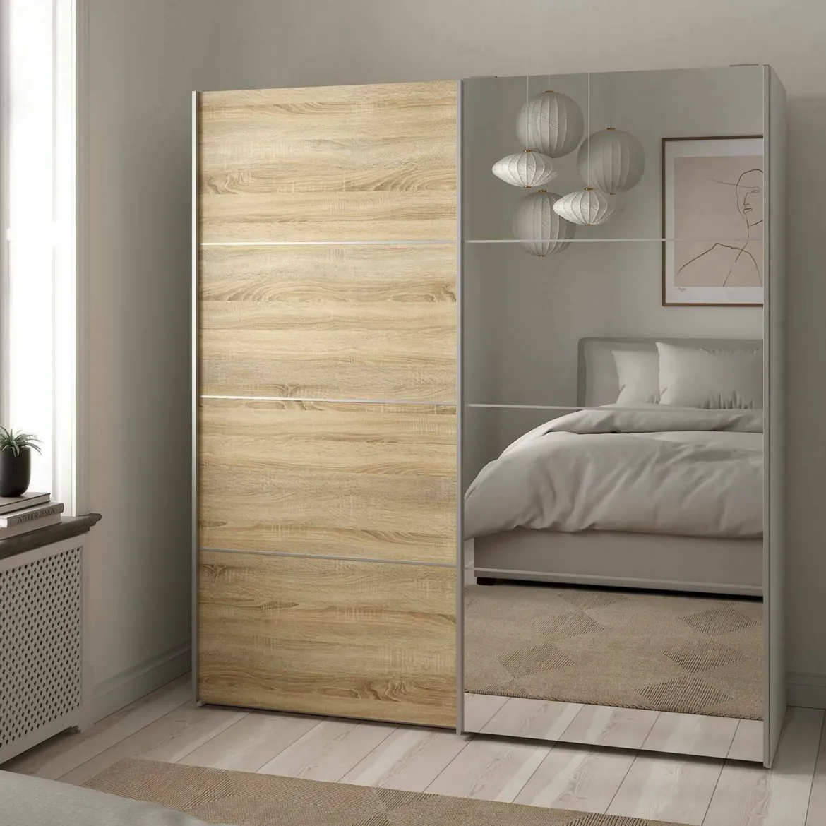 Guardaroba con specchio quercia e bianco lucido 181x200h cm - Astrolabio