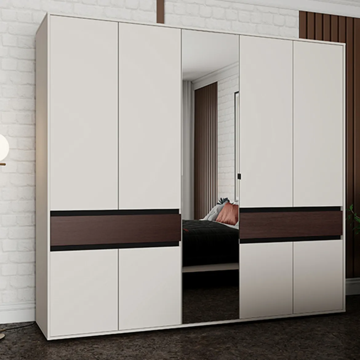 Guardaroba Grande Bianco Crema Marrone Noce 2 Cassetti 7 Ripiani 228x211h cm, Appendiabiti - Ubud