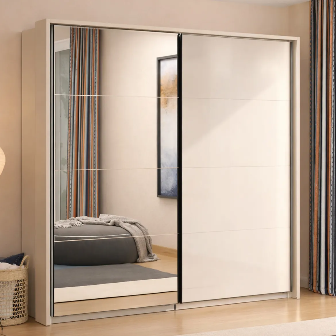 Guardaroba Grande Bianco Crema Nero Appendiabiti 2 Ripiani 220x217.5h cm, Apertura Scorrevole - Spartano
