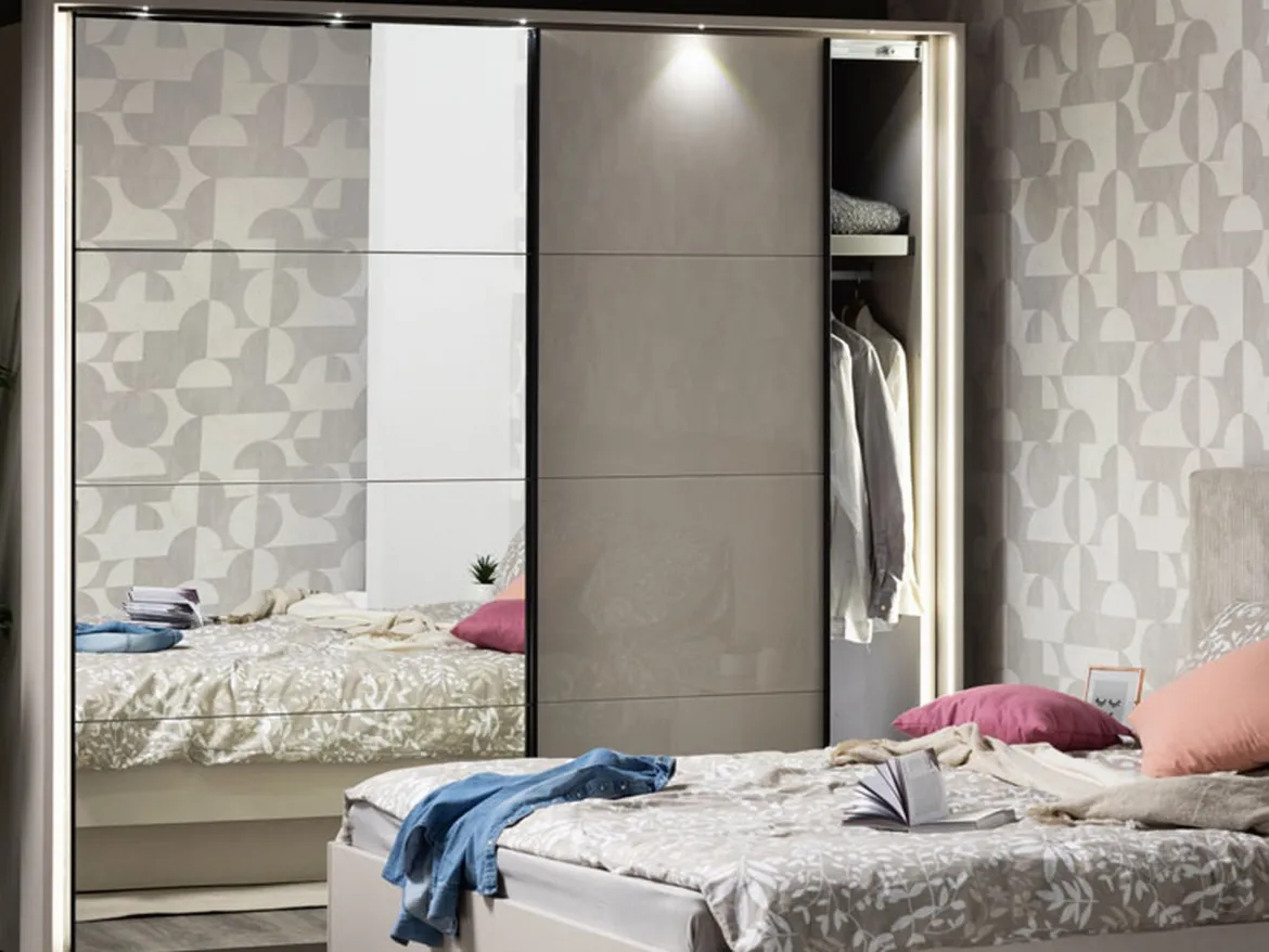 Guardaroba Grande Bianco Crema Nero Appendiabiti 2 Ripiani 220x217.5h cm, Apertura Scorrevole - Spartano