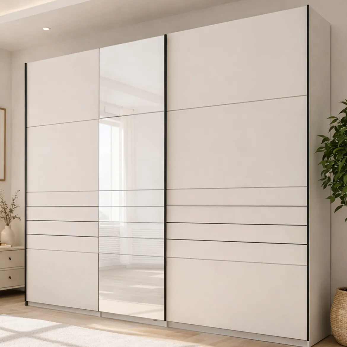 Guardaroba Grande Bianco Crema Nero Appendiabiti 2 Ripiani 245x217.5h cm, Apertura Scorrevole - Resiutta
