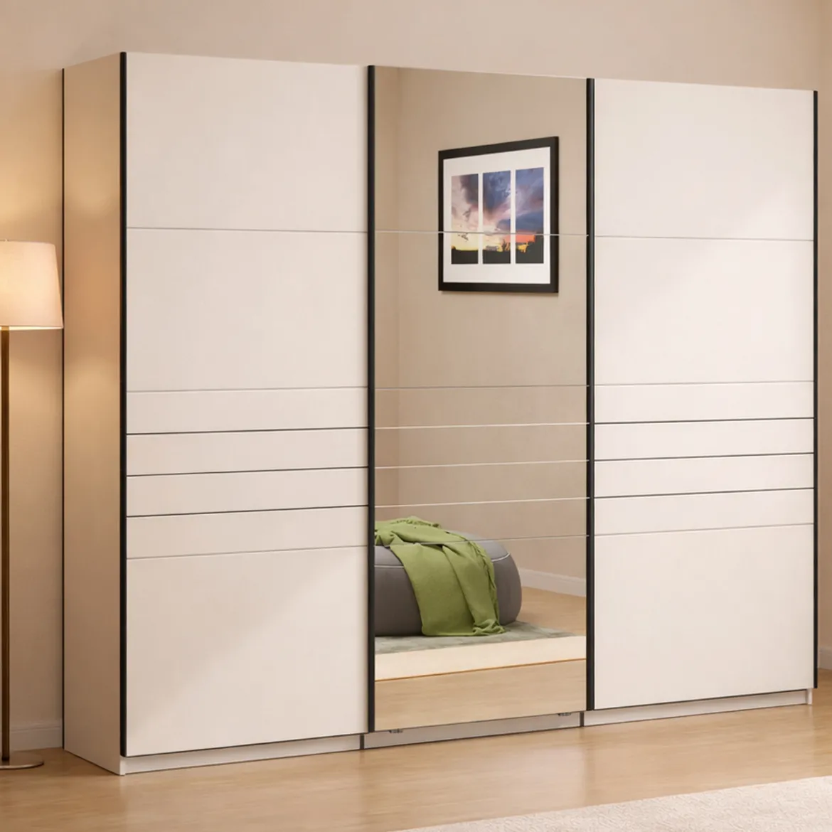 Guardaroba Grande Bianco Crema Nero Appendiabiti 4 Ripiani 155x208h cm, 6 Vani - Ifrane