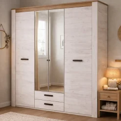 Guardaroba Grande Bianco Larice Marrone Noce 2 Cassetti 5 Ripiani 198.5x206.5h cm, Appendiabiti - Caiano