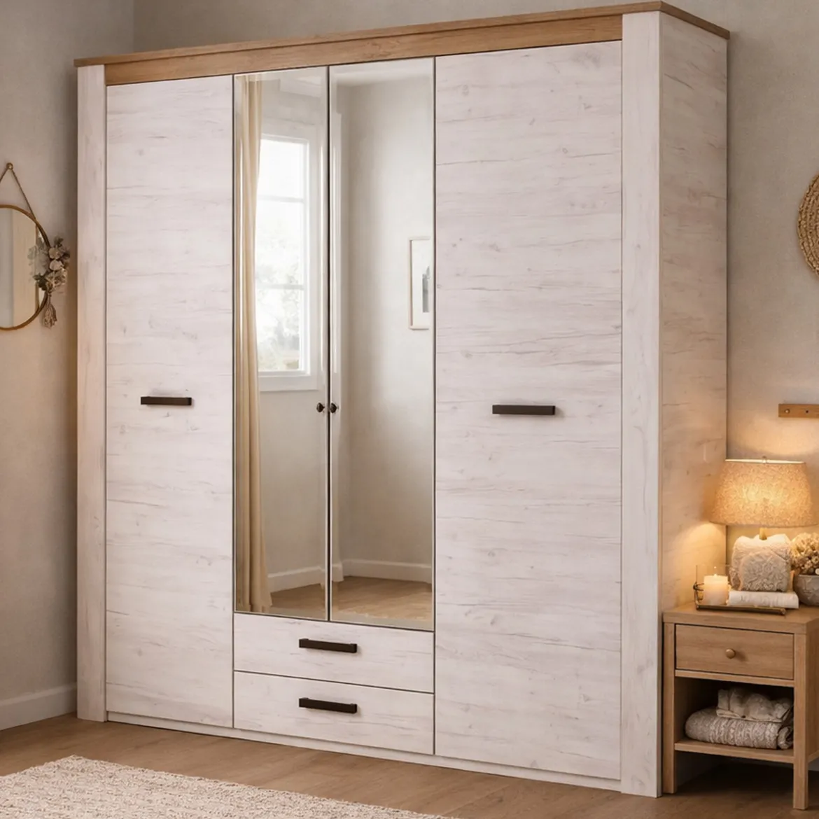 Guardaroba Grande Bianco Larice Marrone Noce 2 Cassetti 5 Ripiani 198.5x206.5h cm, Appendiabiti - Caiano