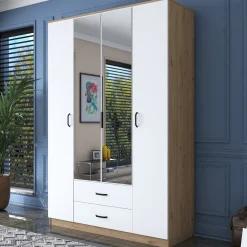Guardaroba Grande Bianco Marrone Noce 10 Ripiani 2 Cassetti 243x181h cm, Appendiabiti - Madruzzo