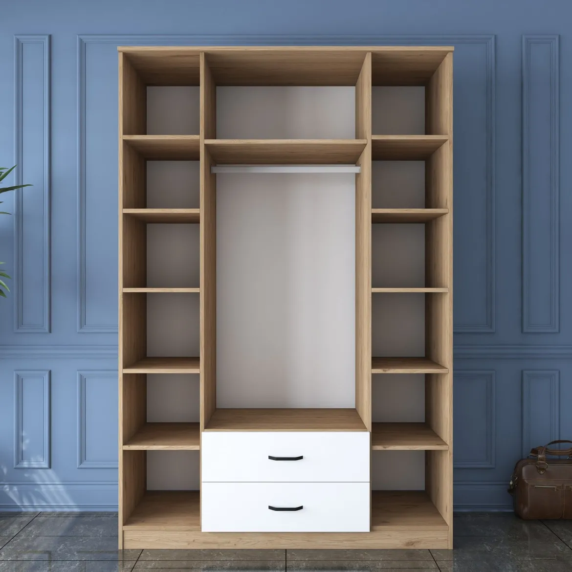 Guardaroba Grande Bianco Marrone Noce 10 Ripiani 2 Cassetti 243x181h cm, Appendiabiti - Madruzzo
