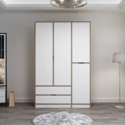 Guardaroba Grande Bianco Marrone Rovere 2 Cassetti Appendiabiti 140x208h cm, 3 Ripiani - Serle