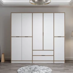 Guardaroba Grande Bianco Marrone Rovere 2 Cassetti Appendiabiti 232x208h cm, 8 Ripiani - Sarcedo