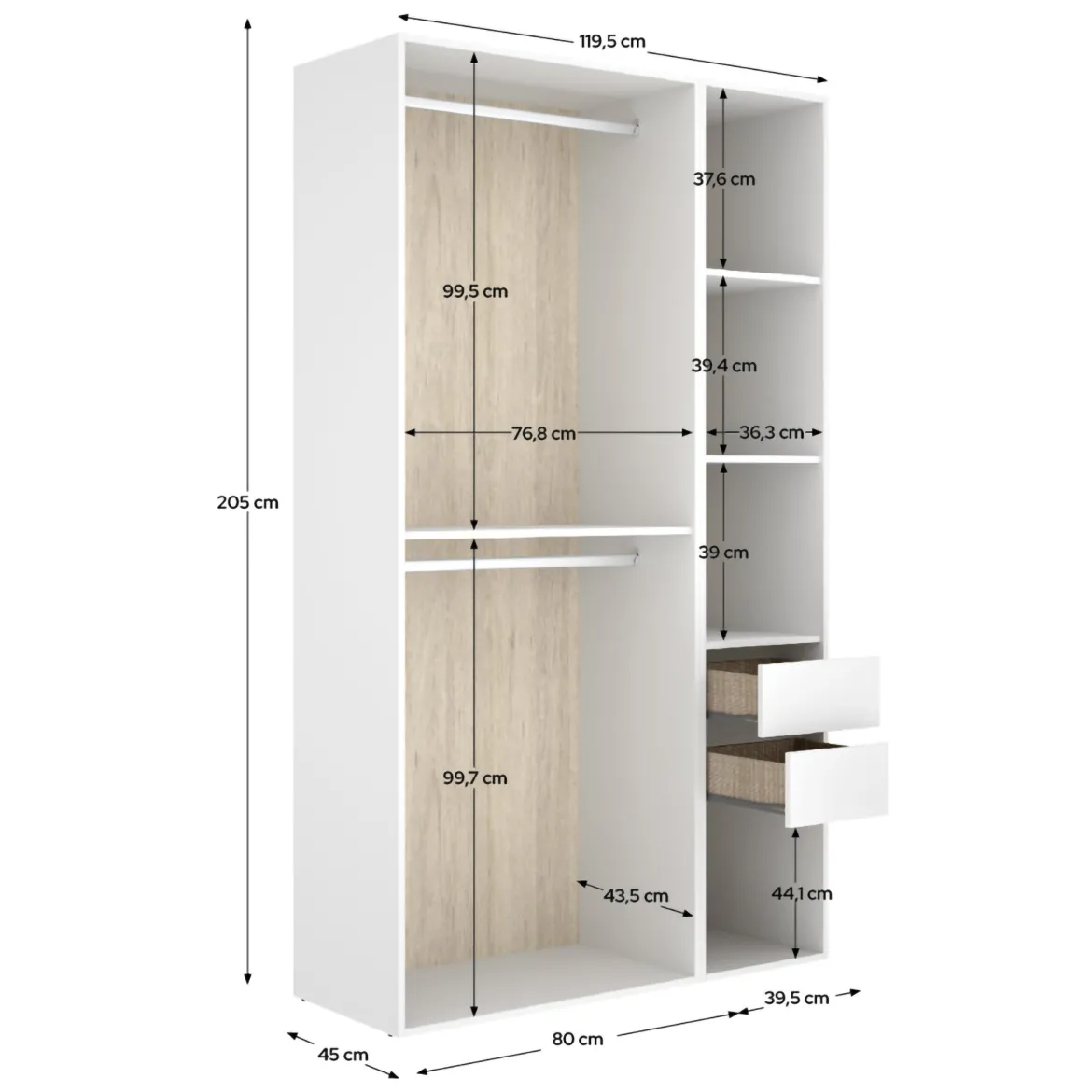 Guardaroba Grande Bianco Marrone Rovere 4 Ripiani Appendiabiti 45x205h cm, 2 Cassetti - Fellowship