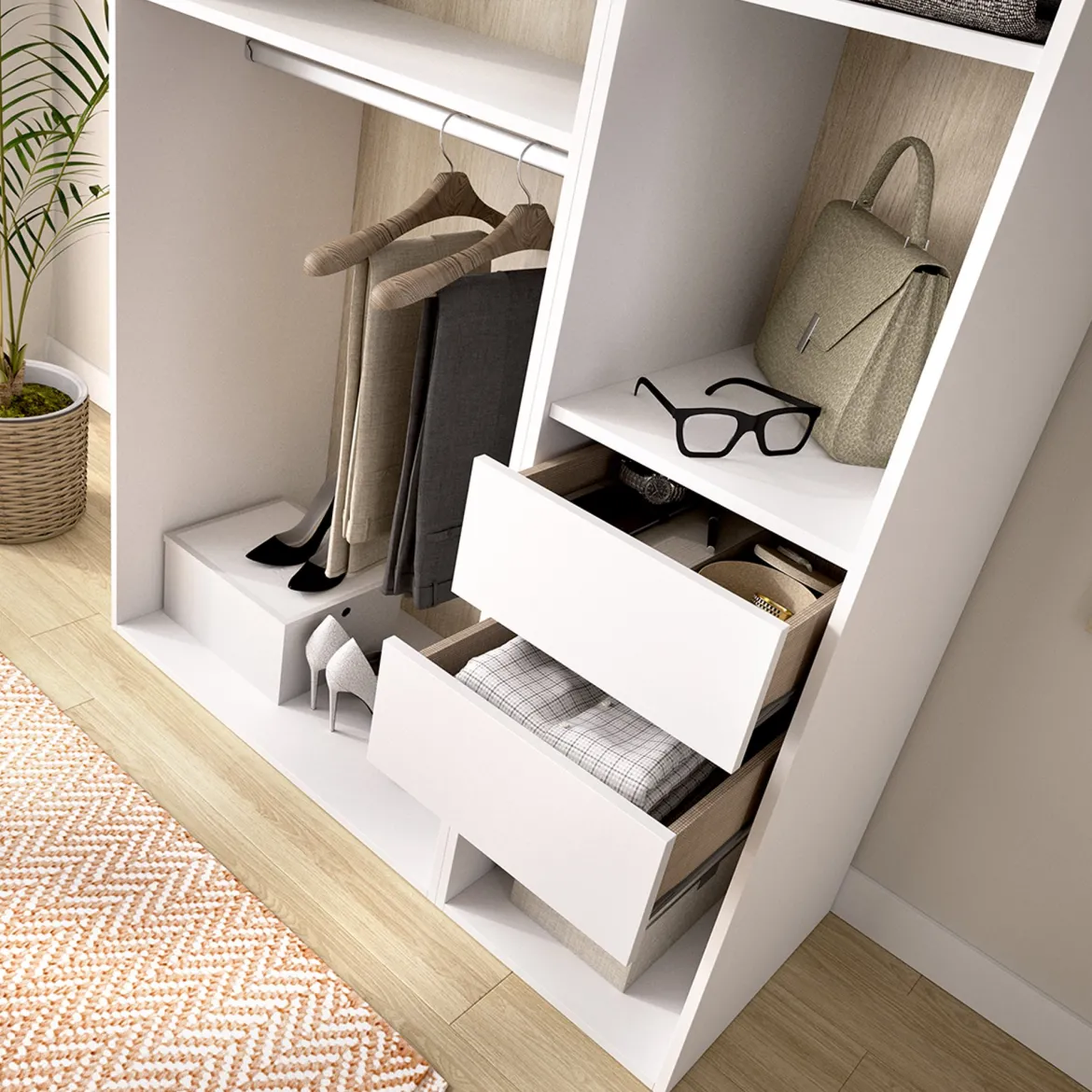 Guardaroba Grande Bianco Marrone Rovere 4 Ripiani Appendiabiti 45x205h cm, 2 Cassetti - Fellowship