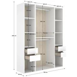 Guardaroba Grande Bianco Marrone Rovere 7 Ripiani Appendiabiti 45x205h cm, 4 Cassetti - Gardiner
