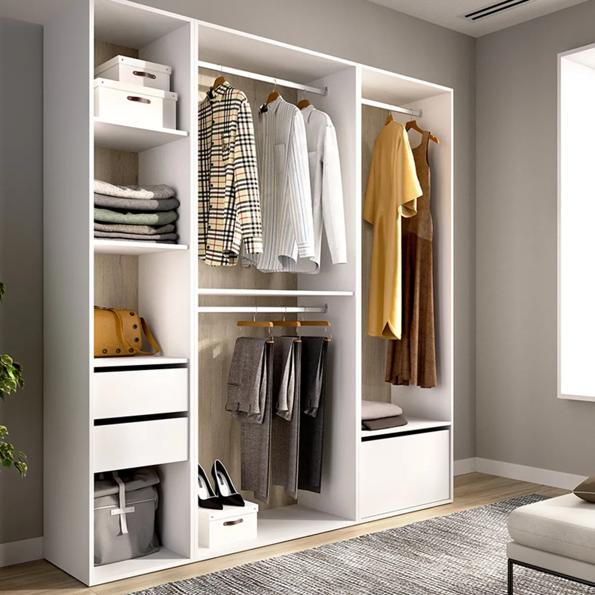 Guardaroba Grande Bianco Marrone Rovere Modulabile 7 Ripiani 45x205h cm, Appendiabiti - Keener