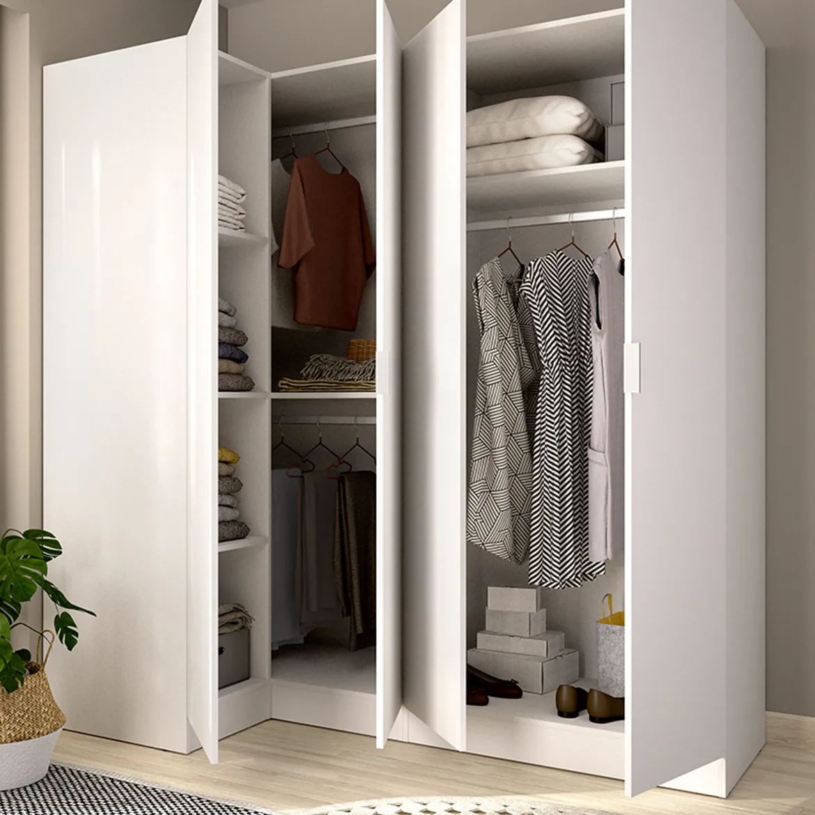 Guardaroba Grande Bianco Modulabile 5 Ripiani 91x184h cm, Appendiabiti - Woodbury