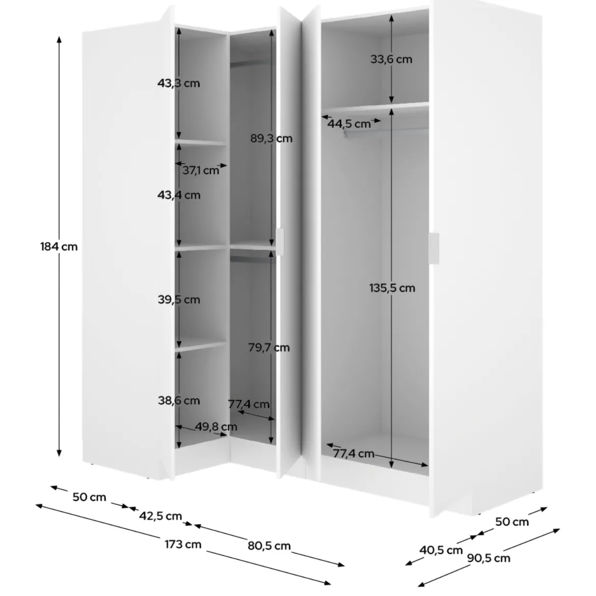 Guardaroba Grande Bianco Modulabile 5 Ripiani 91x184h cm, Appendiabiti - Woodbury