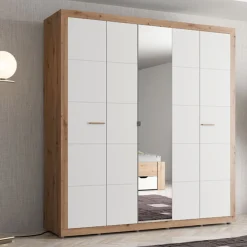 Guardaroba Grande Bianco Opaco Marrone Rovere Appendiabiti 5 Ripiani 194x208h cm, 8 Vani - Giseny