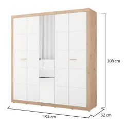 Guardaroba Grande Bianco Opaco Marrone Rovere Nodi 2 Cassetti 2 Ripiani 155x208h cm, Appendiabiti - Sayul