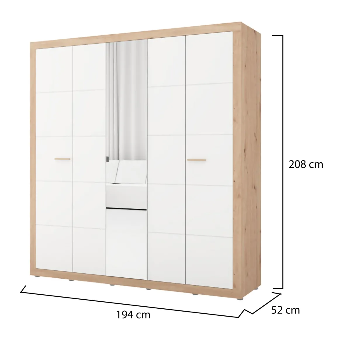 Guardaroba Grande Bianco Opaco Marrone Rovere Nodi 2 Cassetti 2 Ripiani 155x208h cm, Appendiabiti - Sayul