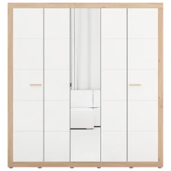 Guardaroba Grande Bianco Opaco Marrone Rovere Nodi 2 Cassetti 2 Ripiani 155x208h cm, Appendiabiti - Sayul