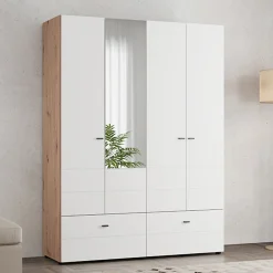 Guardaroba Grande Bianco Opaco Marrone Rovere Nodi 2 Ripiani 2 Cassetti 155x208h cm, Appendiabiti - Spigno