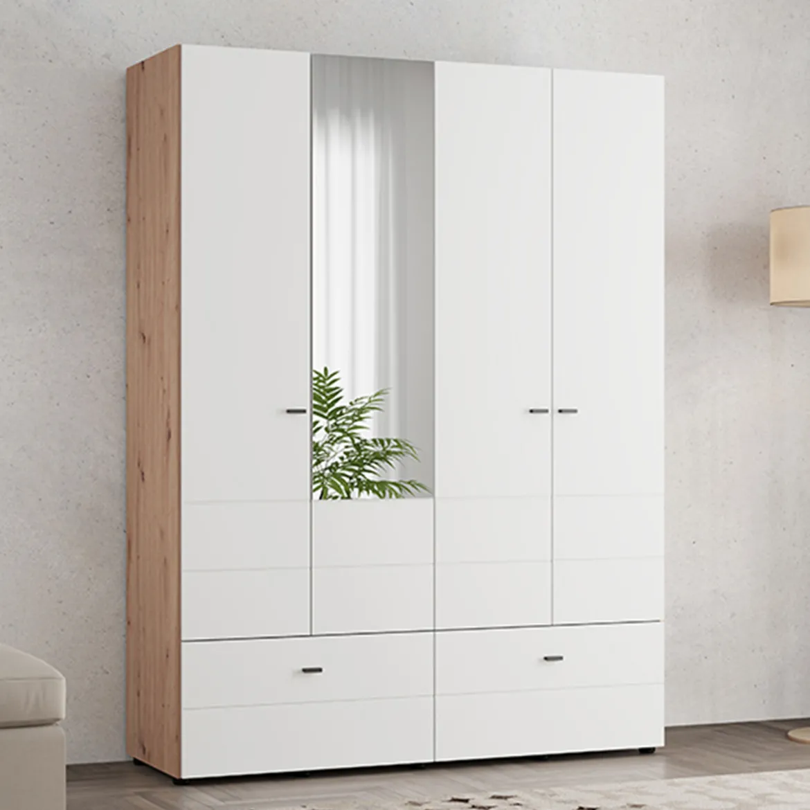 Guardaroba Grande Bianco Opaco Marrone Rovere Nodi 3 Cassetti 3 Ripiani 155x208h cm, Appendiabiti - Ushuaia