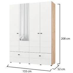 Guardaroba Grande Bianco Opaco Marrone Rovere Nodi 3 Cassetti 3 Ripiani 155x208h cm, Appendiabiti - Ushuaia