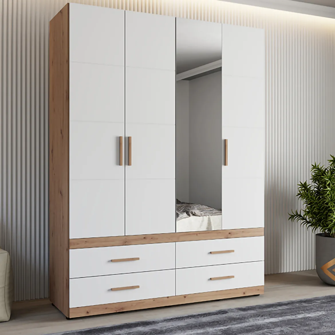 Guardaroba Grande Bianco Opaco Marrone Rovere Nodi Appendiabiti 4 Ripiani 156x208h cm, 6 Vani - Pushka