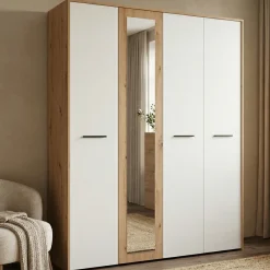 Guardaroba Grande Bianco Opaco Marrone Rovere Nodi Appendiabiti 5 Ripiani 157.5x203.5h cm, 4 Ante - Monvalle